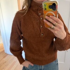 Sezane Chestnut Button-Up Turtleneck Sweater